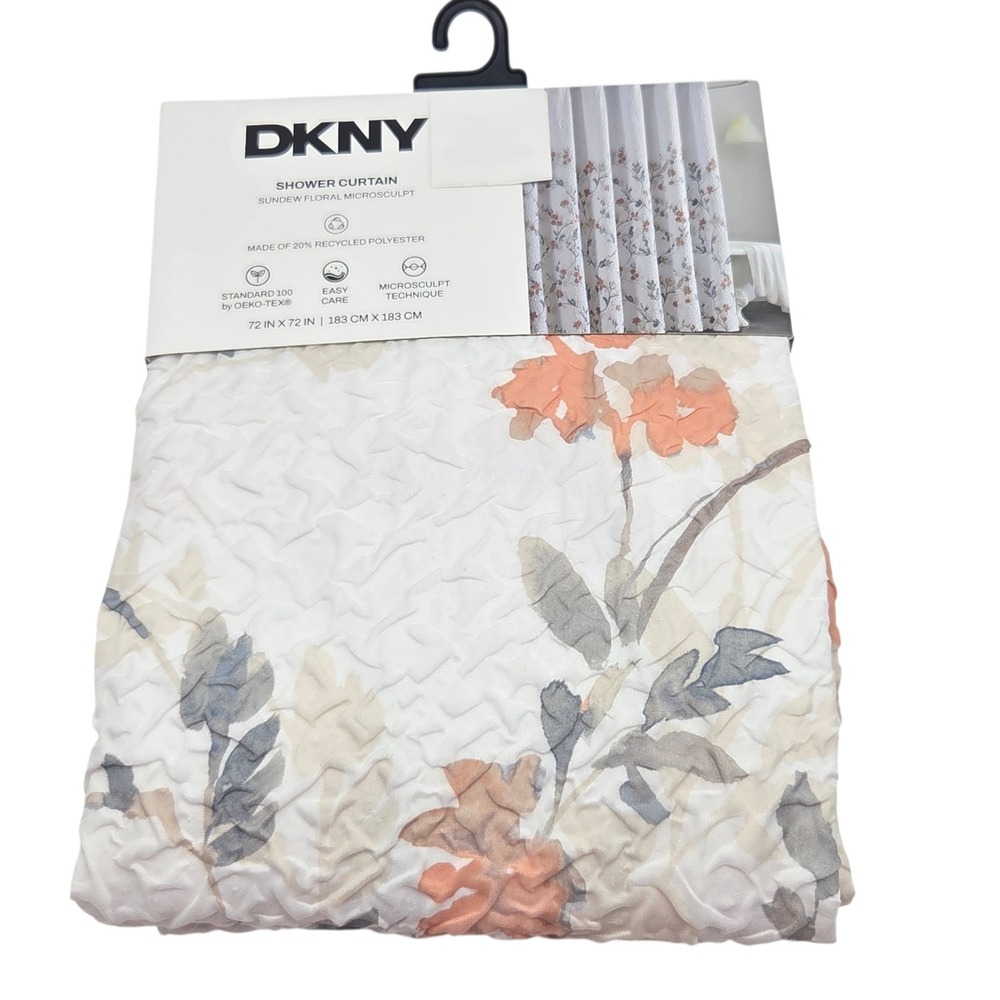 DKNY Sundew Floral‎ Microsculpt  Fabric Shower Curtain White Peach 72x72inch - Picture 4 of 8